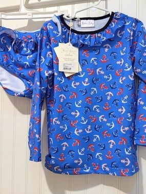 Rachel Riley Blue Anchor Print Rashguard with Red & White Accents